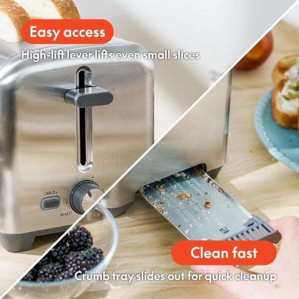 bella Stainless Steel 2 Slice Toaster with Extra Wide Slots & Removable Crumb Tray - Image 3