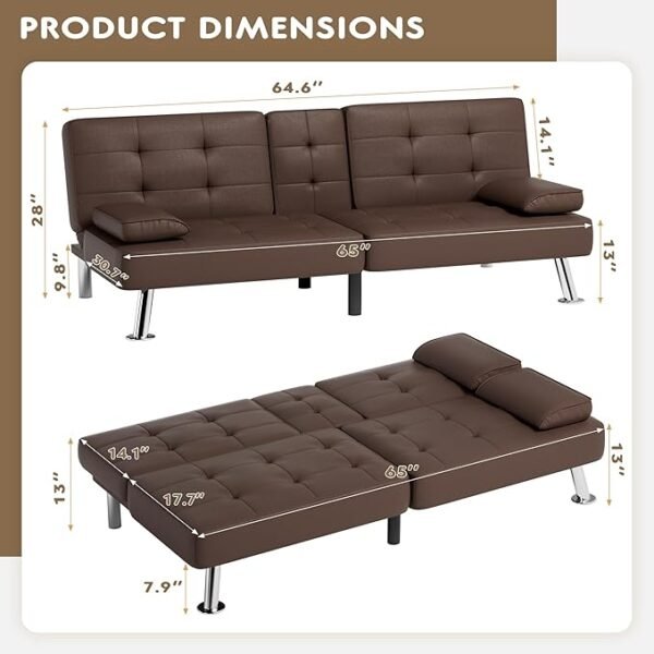 Homall Futon Sofa Bed, Leather Futon Couch with Removable Armrests, Adjustable Recliner Sleeper Sofa Bed with Dual Cup Holders for Living Room
