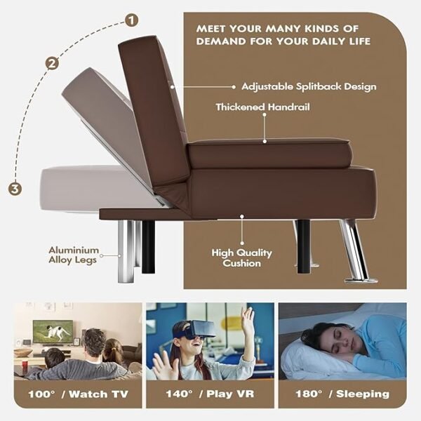 Homall Futon Sofa Bed, Leather Futon Couch with Removable Armrests, Adjustable Recliner Sleeper Sofa Bed with Dual Cup Holders for Living Room