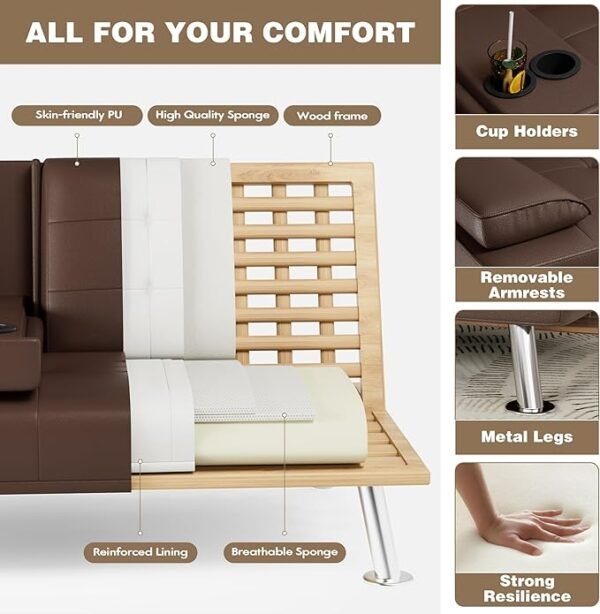 Homall Futon Sofa Bed, Leather Futon Couch with Removable Armrests, Adjustable Recliner Sleeper Sofa Bed with Dual Cup Holders for Living Room