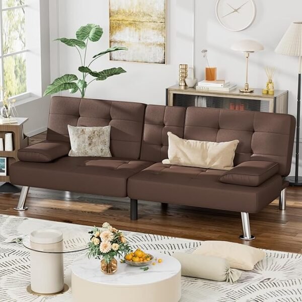 Homall Futon Sofa Bed, Leather Futon Couch with Removable Armrests, Adjustable Recliner Sleeper Sofa Bed with Dual Cup Holders for Living Room