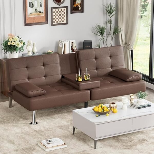 Homall Futon Sofa Bed, Leather Futon Couch with Removable Armrests, Adjustable Recliner Sleeper Sofa Bed with Dual Cup Holders for Living Room