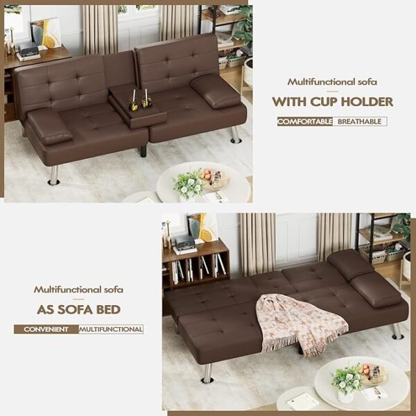 Homall Futon Sofa Bed, Leather Futon Couch with Removable Armrests, Adjustable Recliner Sleeper Sofa Bed with Dual Cup Holders for Living Room