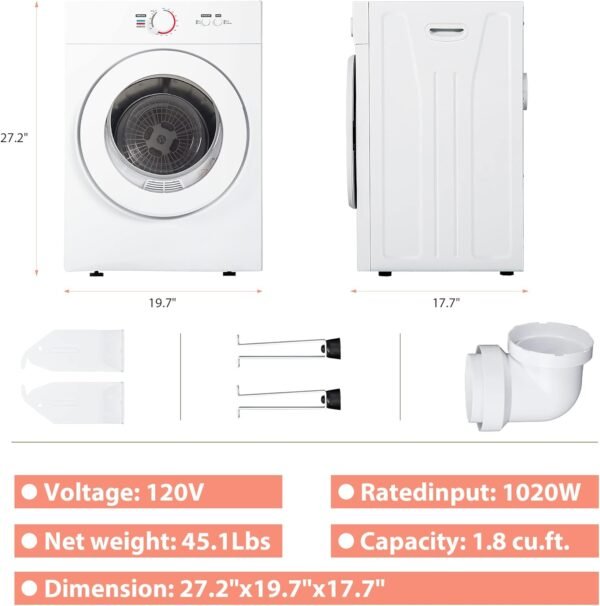 Euhomy Compact Dryer 1.8 cu. ft. Portable Clothes Dryers with Exhaust Duct with Stainless Steel Liner Four Function Small Dryer Machine