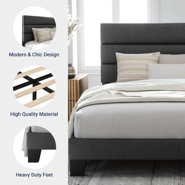 Allewie Queen Size Platform Bed Frame with Fabric Upholstered Headboard and Wooden Slats Support