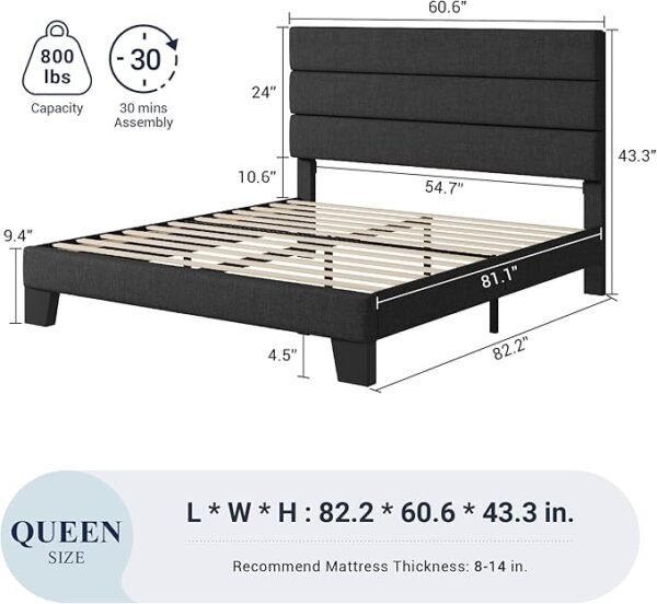 Allewie Queen Size Platform Bed Frame with Fabric Upholstered Headboard and Wooden Slats Support