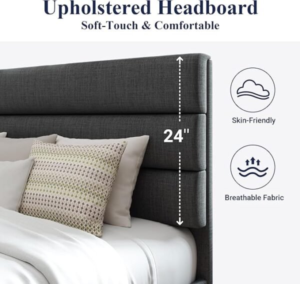 Allewie Queen Size Platform Bed Frame with Fabric Upholstered Headboard and Wooden Slats Support