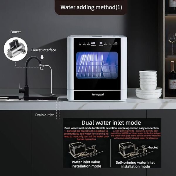 Dishwasher Countertop dishwasher Portable automatic cleaning 4cleaning modes and drying and disinfection mode Just connect a bucket to automatically Absorb water or connect to a faucet to Absorb water