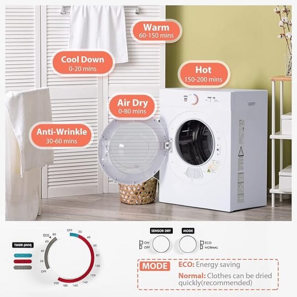 Euhomy Compact Dryer 1.8 cu. ft. Portable Clothes Dryers with Exhaust Duct with Stainless Steel Liner Four Function Small Dryer Machine