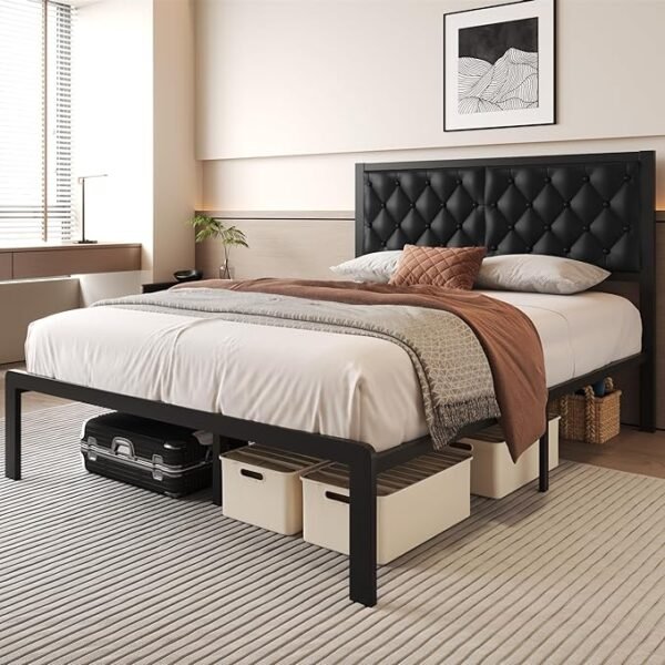 Queen Bed Frame with Headboard PU Leather Upholstered Bed Frame Platform,