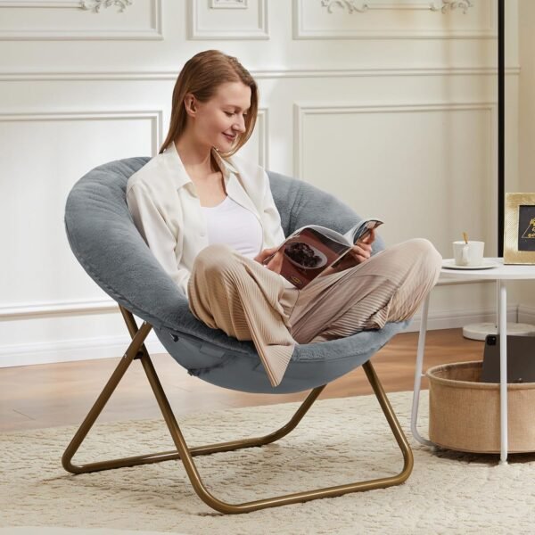 DUMOS Comfy Saucer Chairs Cozy Faux Fur Soft Lounge Cute Folding Bedroom Living Room Seat Flexible Reading Foldable Seating for Kids Adults Thick Padded Metal Frame Modern for Home Office Classic Gray : Home & Kitchen