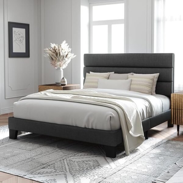 Allewie Queen Size Platform Bed Frame with Fabric Upholstered Headboard and Wooden Slats Support